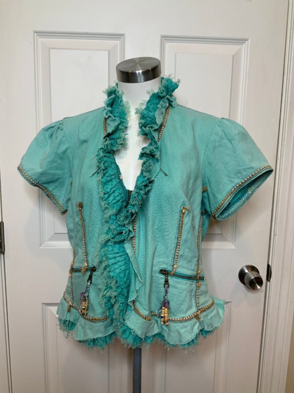 Double D Ranch Teal Cotton Embroidered & Beaded Zip-Up Jacket, Sz L